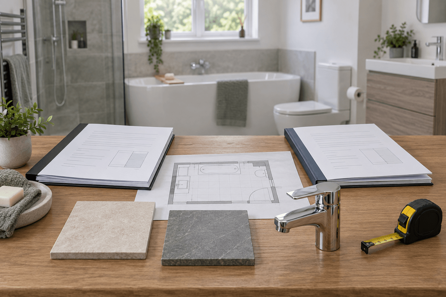 Illustration of comparing bathroom quotation folders, a layout drawing, tile samples and a tap before agreeing the scope.
