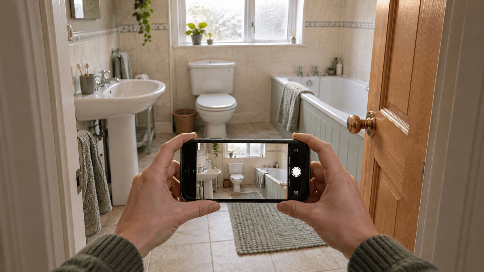 Illustration of a phone photographing a bathroom from the doorway before a bathroom fitting quote.