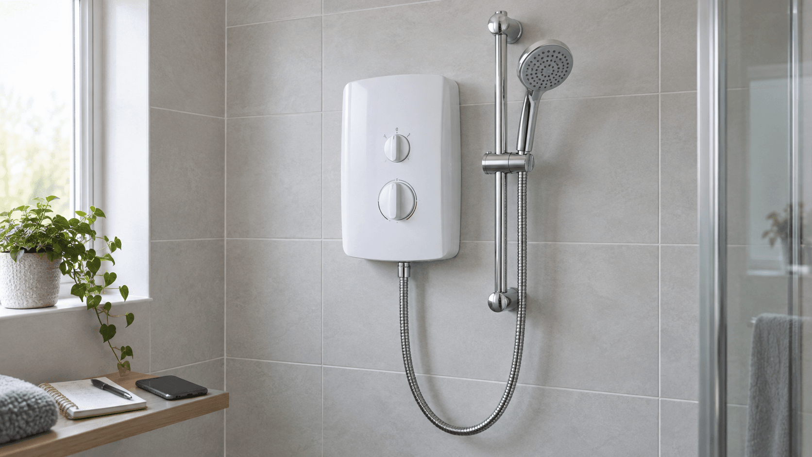 Illustration of an electric shower and its controls, a fixture to check when agreeing the bathroom specification.