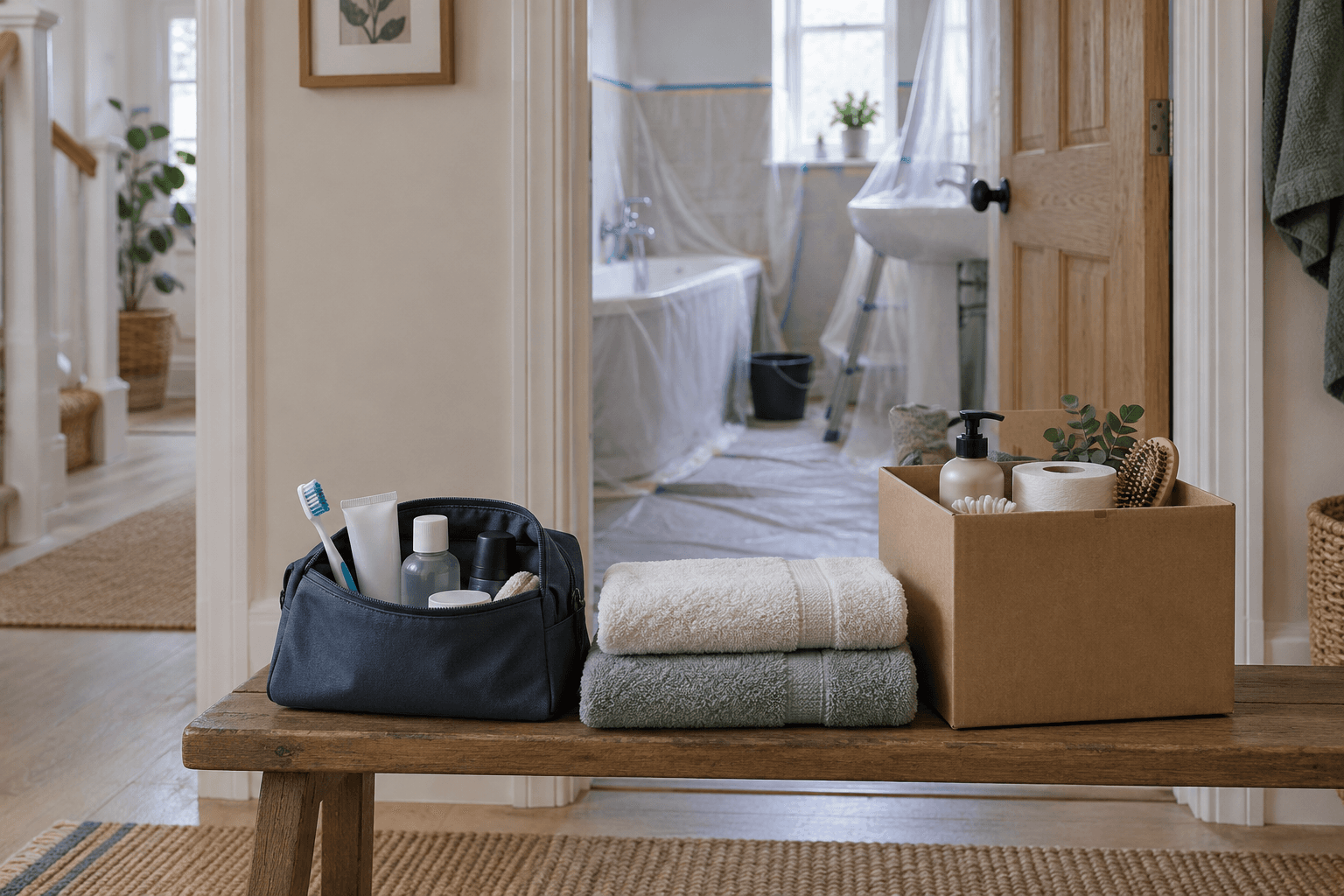 Illustration of towels and a washbag kept accessible outside a bathroom being prepared for renovation.