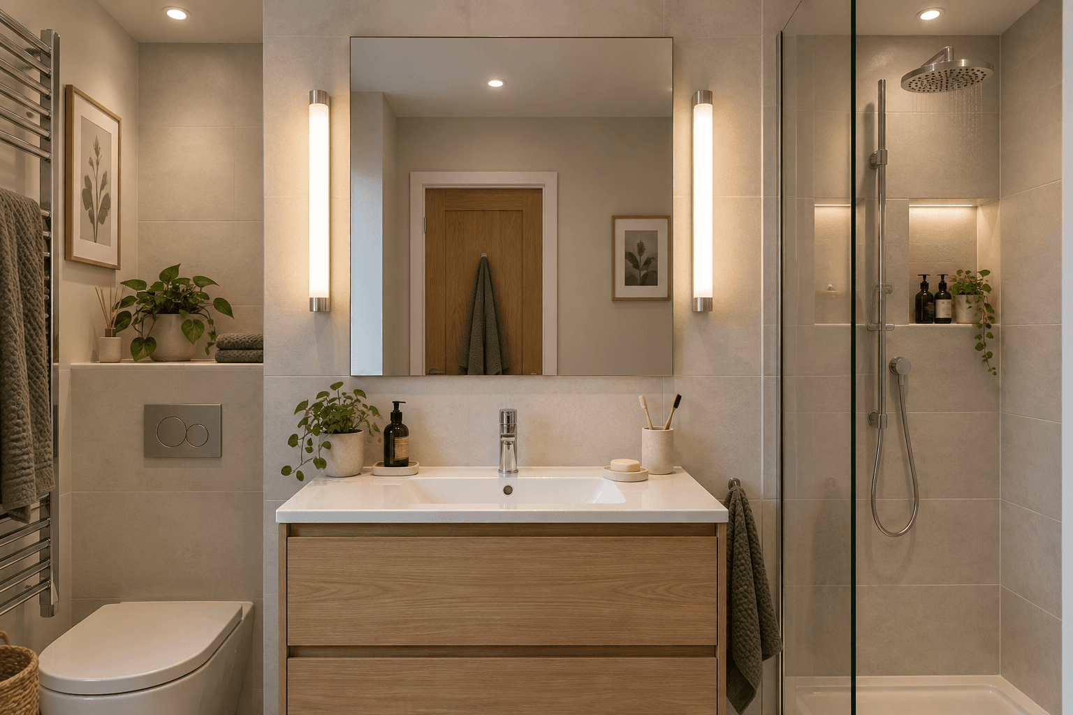Illustration of layered bathroom lighting with illuminated mirror sides and general ceiling lights.