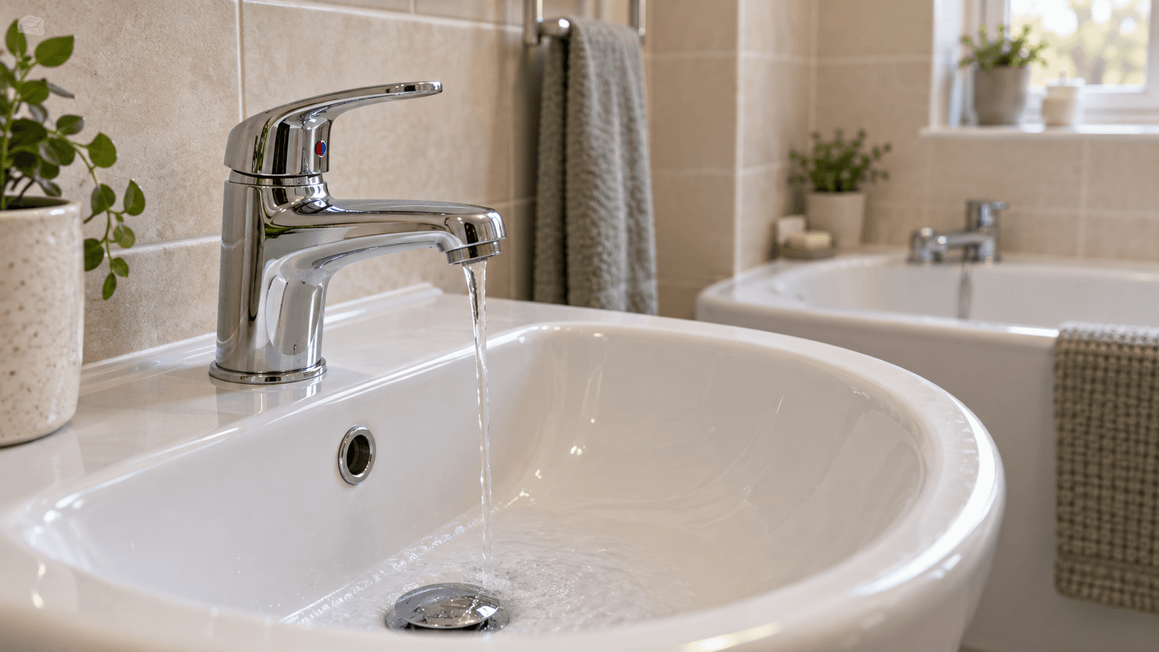 Illustration of a running basin tap with another bathroom outlet in the background, showing fixtures whose supply must be checked.