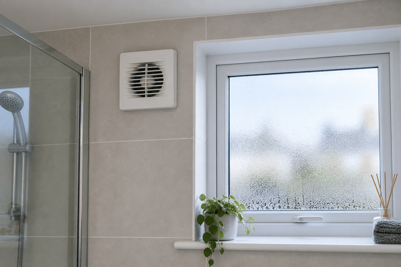 Illustration of a bathroom extractor grille beside a frosted window with condensation.