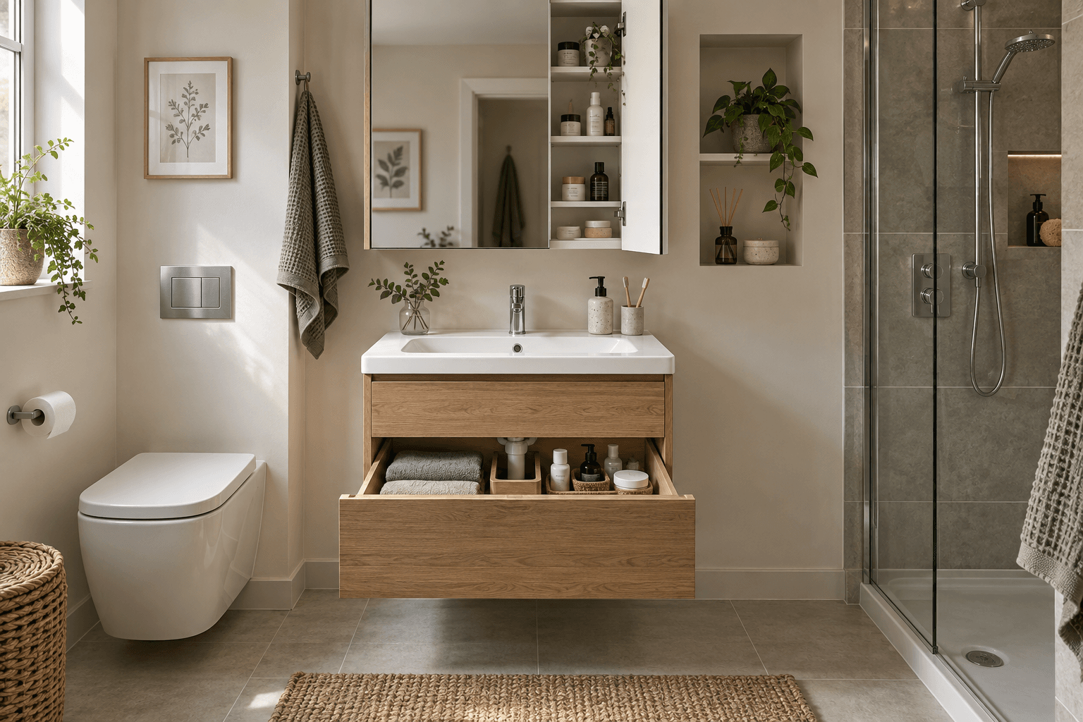 Illustration of bathroom storage with a wall-hung vanity drawer, mirrored cabinet and recessed shelf.