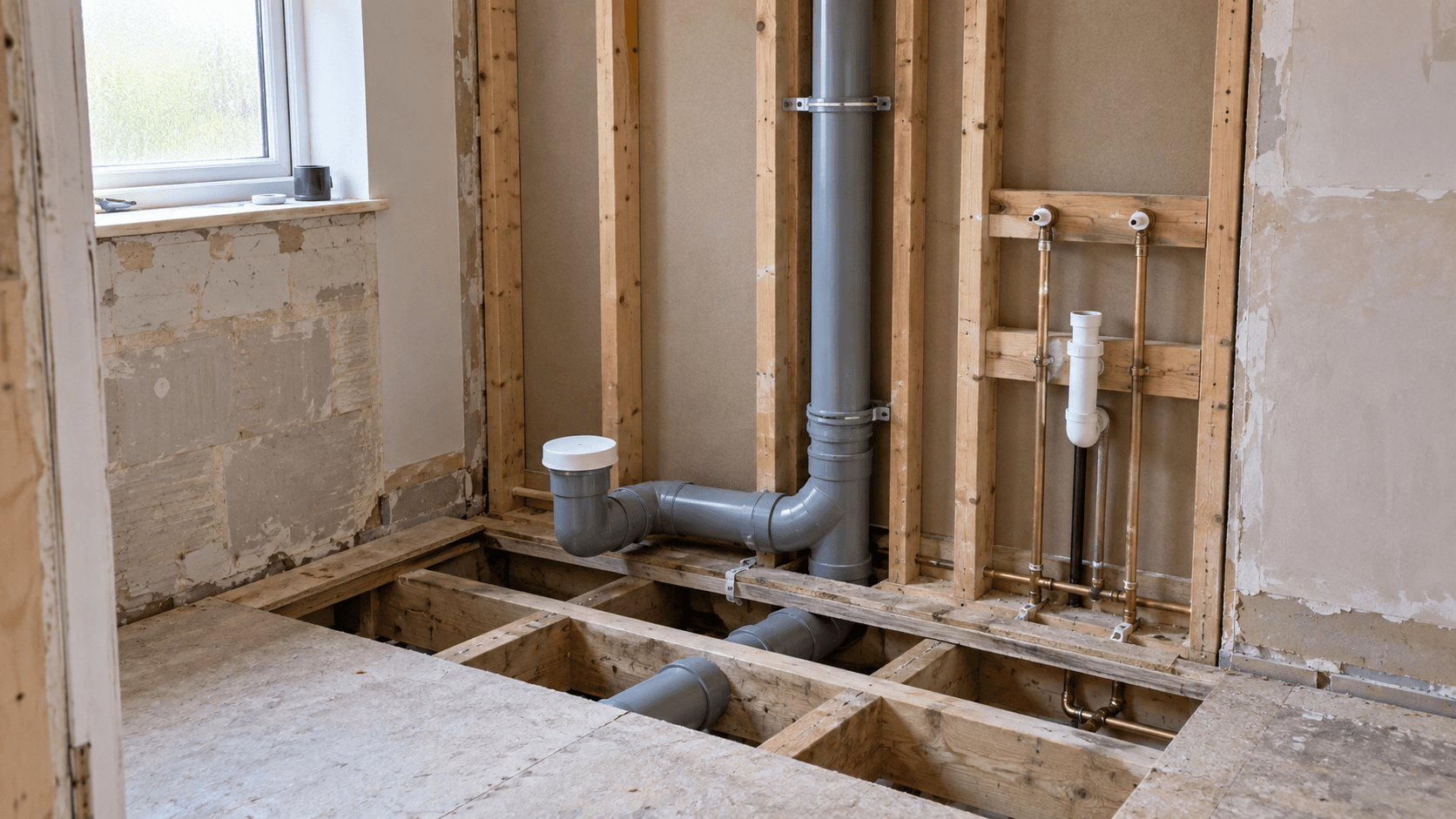 Exposed bathroom first-fix pipework, soil stack and waste routes between open floor joists and wall studs