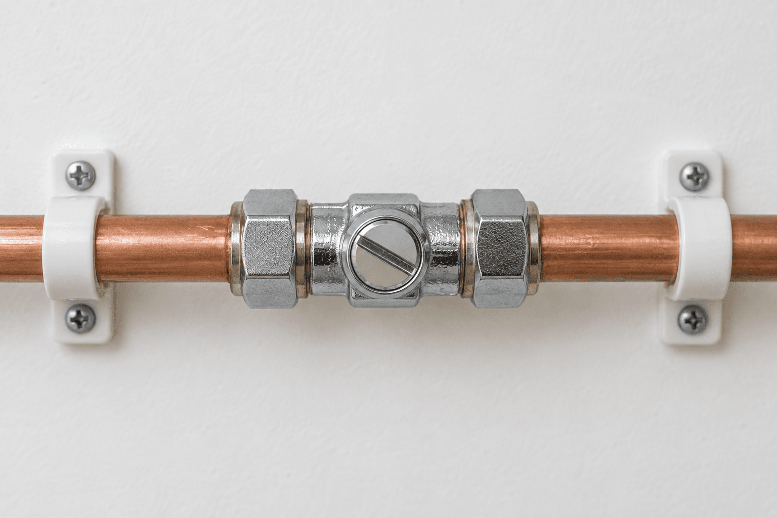 Illustration of a local service isolation valve on a copper water pipe, with a slotted control facing outward.