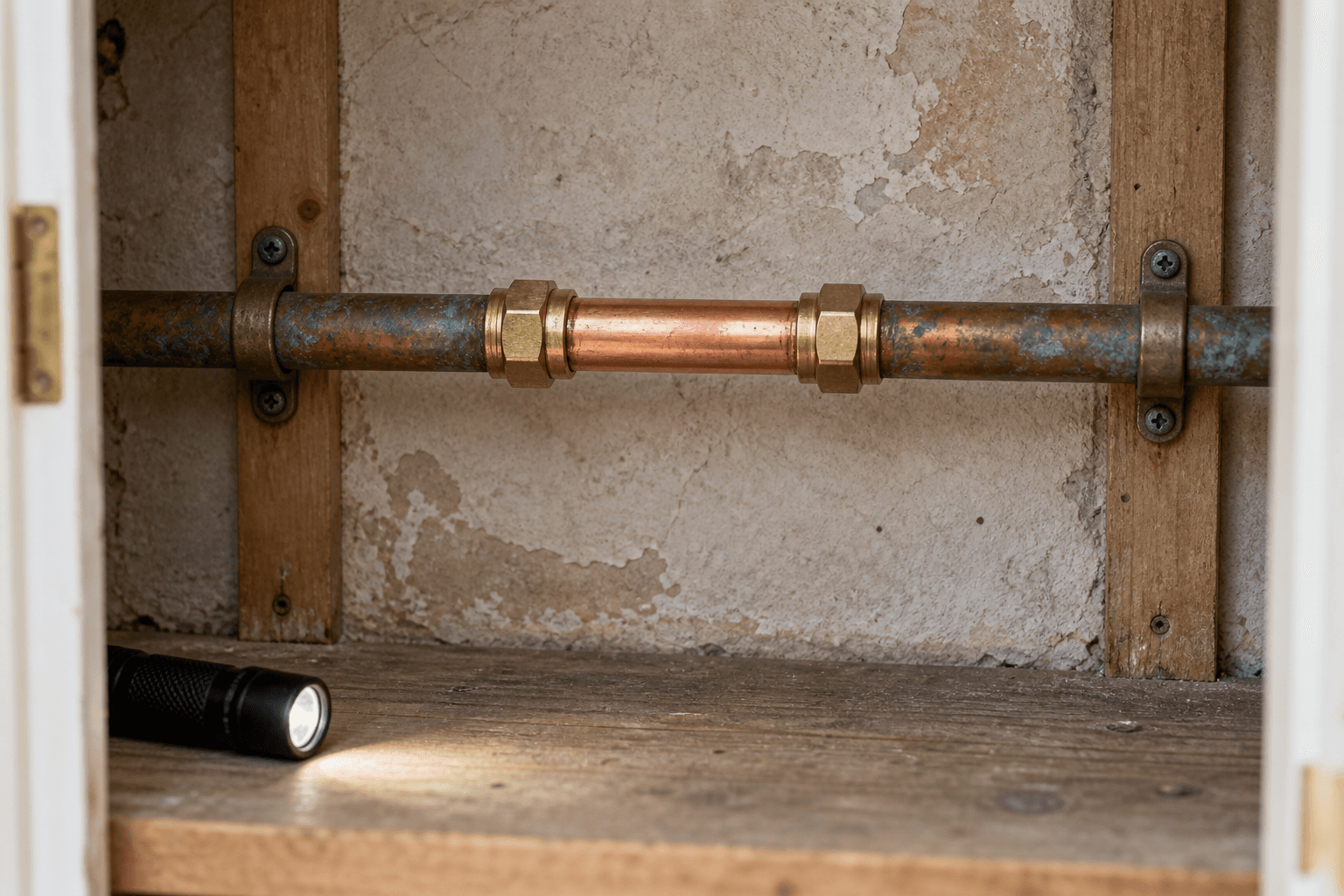 Illustration of an older copper water pipe with a newer repair section and compression joints in a service cupboard.