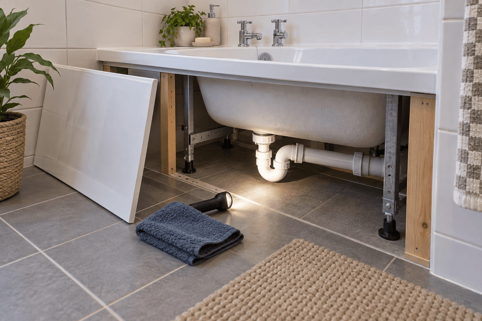Illustration of inspecting an accessible bath waste trap with the side panel removed and a torch nearby.
