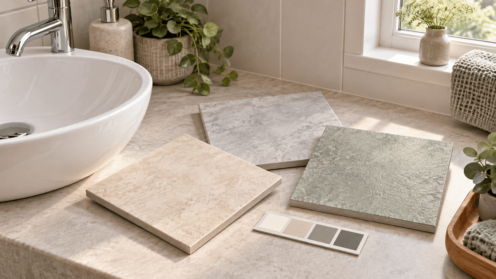 Illustration of three bathroom tile samples and a grout colour strip beside a white basin in daylight.