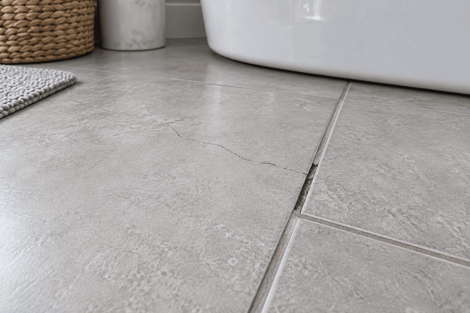 Illustration of a hairline crack in a bathroom floor tile and a separating grout joint.
