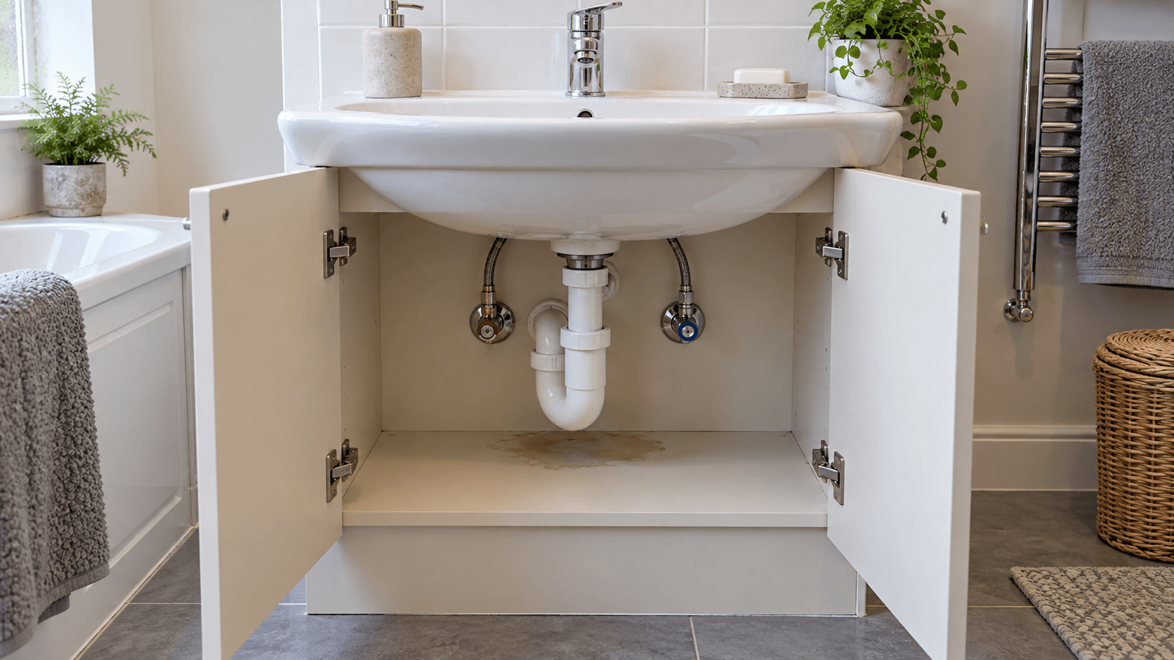 Generated illustration of accessible bathroom basin pipework above a damp cupboard base.