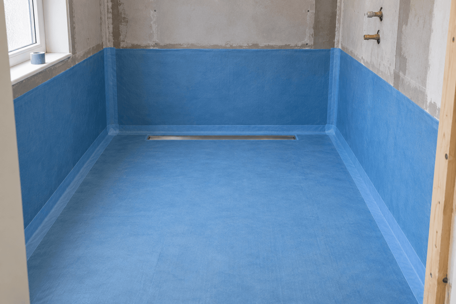 Illustration of wet-room floor preparation with a waterproof membrane, taped corners and a linear drain before tiling.