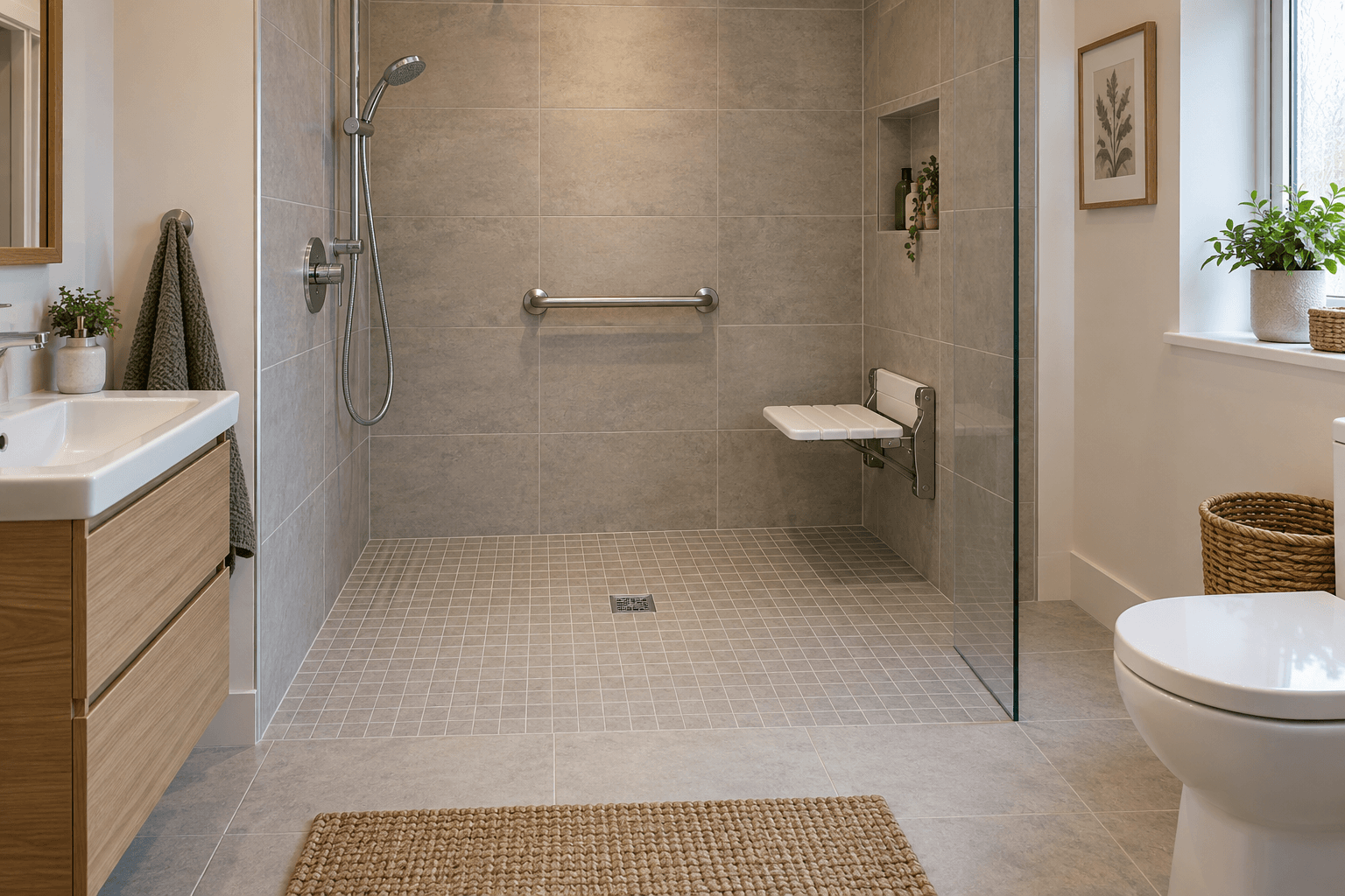 Illustration of a level-access wet room with a clear approach, fold-down seat, grab rail and floor drain.